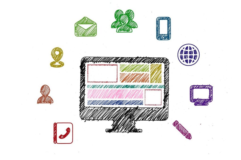 A colorful sketch of a computer surrounded by icons; such as, as person, a pen, a phone, and a location icon.