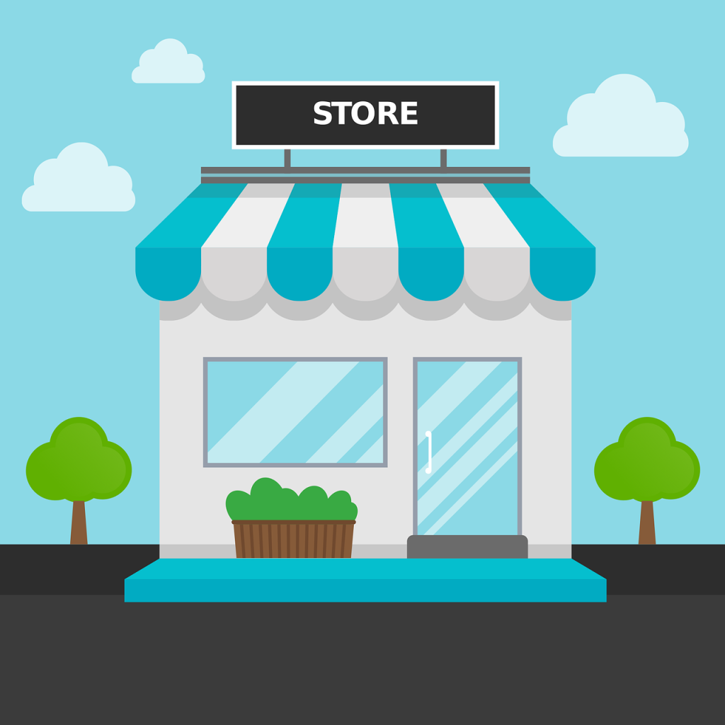 A graphic design drawing of a blue store. 