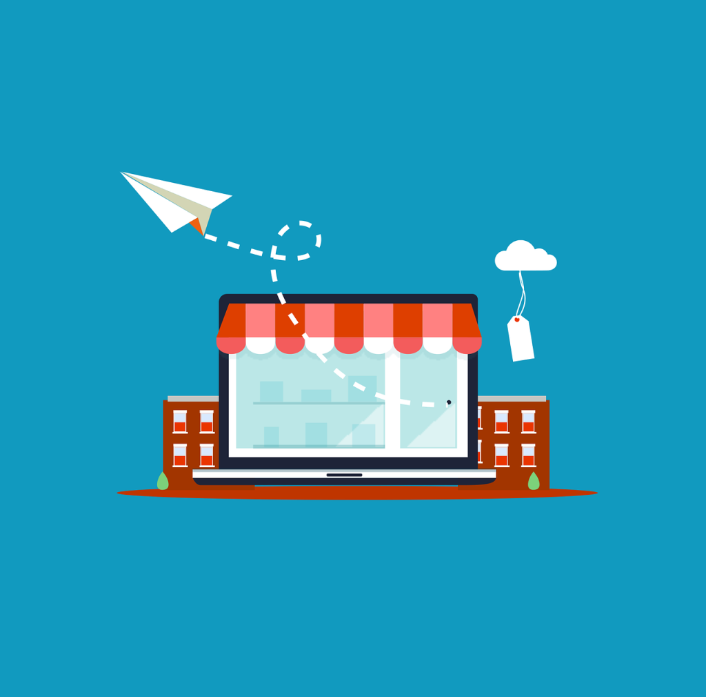 A graphic design image of a computer with a paper plane flying out of it. It symbolizes ecommerce. 