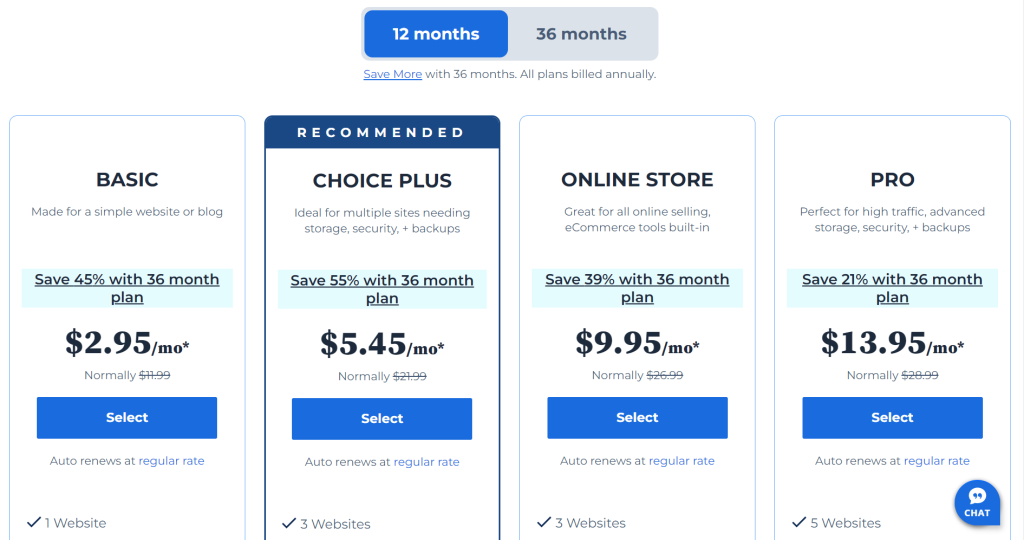 Picture of Bluehost web hosting plans.