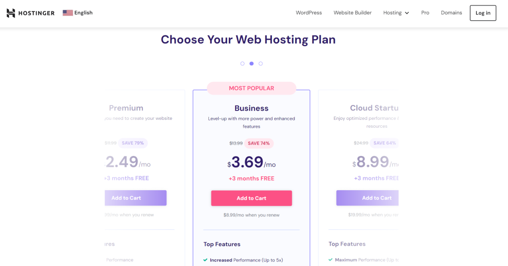 Picture of Hostinger web hosting plans.