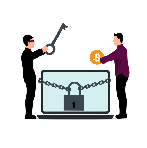 A picture of a thief unlocking a users information for payment of Bitcoins.