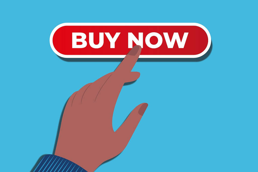 A "buy now" button with a hand clicking on the Call to action.