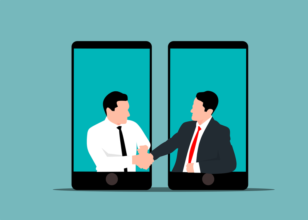 A graphic art of two communication between two business men.